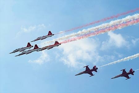 The air show at Baneasa Airport in northern Bucharest. Turkish Stars Air Acrobatics Group in action at BIAS 2018.