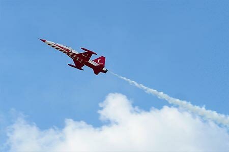 Turkish Stars Acrobatic Squadron performance at BIAS 2018. Canadair NF-5 fighter plane in full flight.